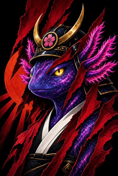 Digital artwork of a purple, starry-skinned lizard-like samurai wearing an ornate horned helmet, set against a red torn-paper background with a red sun.