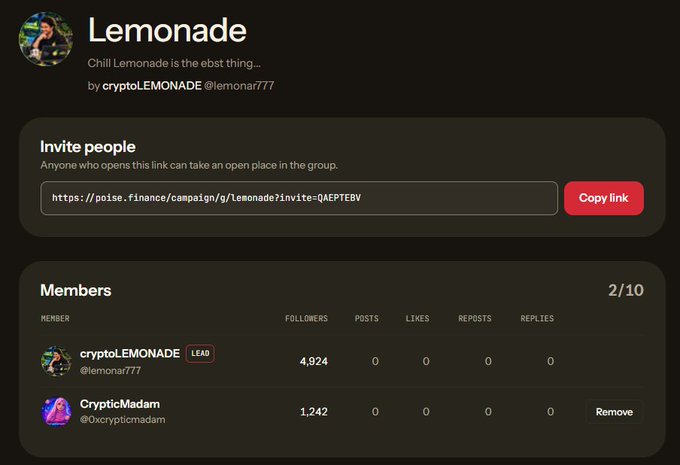 A screenshot of a "Lemonade" group page on potse.finance showing an invite link with 2 members out of 10, including cryptoLEMONADE as the lead and CrypticMadam.