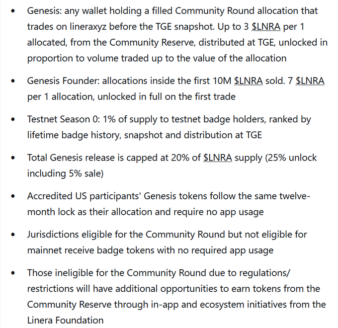 Text excerpt outlining Linera token allocation rules, including Genesis (up to 3 $LNRA per allocation), Genesis Founder (7 $LNRA per allocation), Testnet Season 0, and a 20% cap on Genesis release from $LNRA supply.