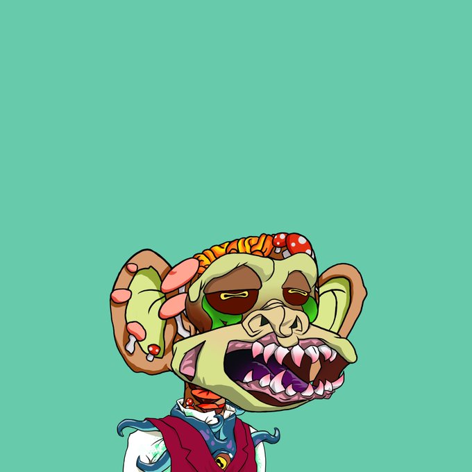 A cartoon zombie-like character with green skin, bulging red eyes, and a large toothy grin, wearing a red vest on a green background.