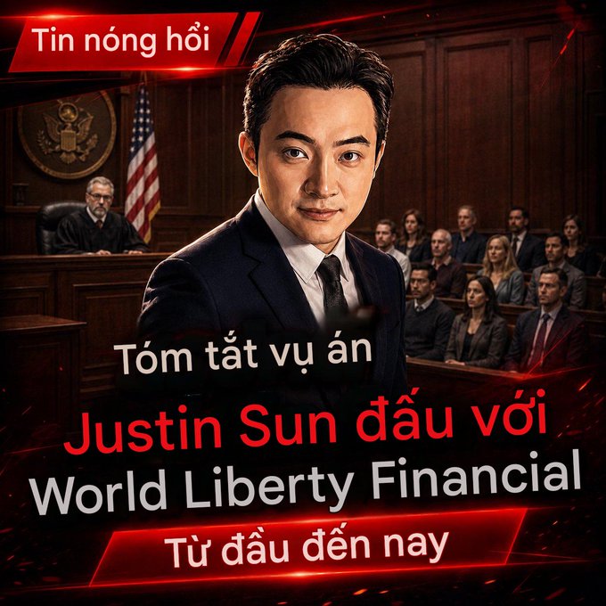 Vietnamese-language news thumbnail showing a man in a courtroom with the headline 'Tóm tắt vụ án Justin Sun đấu với World Liberty Financial - Từ đầu đến nay' and 'Tin nóng hổi'.