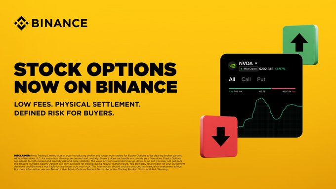 A Binance advertisement on a yellow background promoting 'Stock Options Now on Binance' with NVDA option details ($202.345 +3.97%) and call/put indicators.