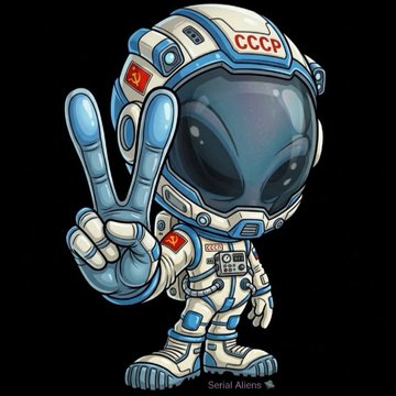 A chibi-style astronaut alien in a white and blue spacesuit featuring "CCCP" on the helmet and suit patches makes a peace sign, with "Serial Aliens" text in the corner—matching the post's "E.V.O.L.U.T.I.O.N collection®" offering unique 1:1 aliens for $XTZ on Tezos.