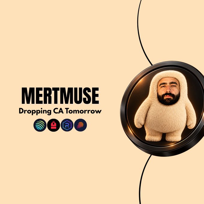 A promotional graphic for 'MERTMUSE' with the text 'Dropping CA Tomorrow,' featuring a bearded man in a fluffy white suit inside a circular frame.