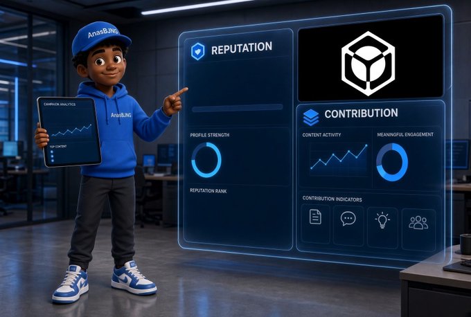 A 3D cartoon character in a blue hoodie and 'AnaBLING' cap holding a tablet displaying 'CAMPAIGN ANALYTICS,' standing next to a futuristic dashboard showing 'REPUTATION' and 'CONTRIBUTION' metrics with charts and icons.