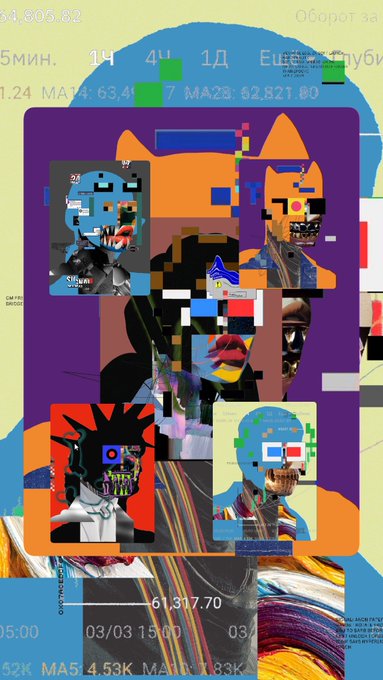 An abstract digital collage featuring glitchy pixel art faces, blue and orange backgrounds, and overlaid stock market numbers.