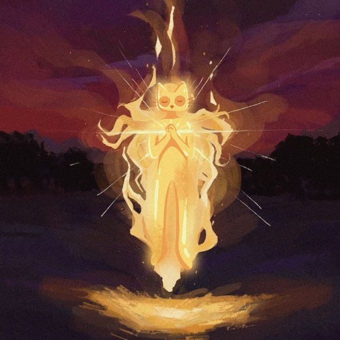 An artistic illustration of a glowing, ethereal feline figure floating in the air against a dark, cloudy sky, radiating golden light.