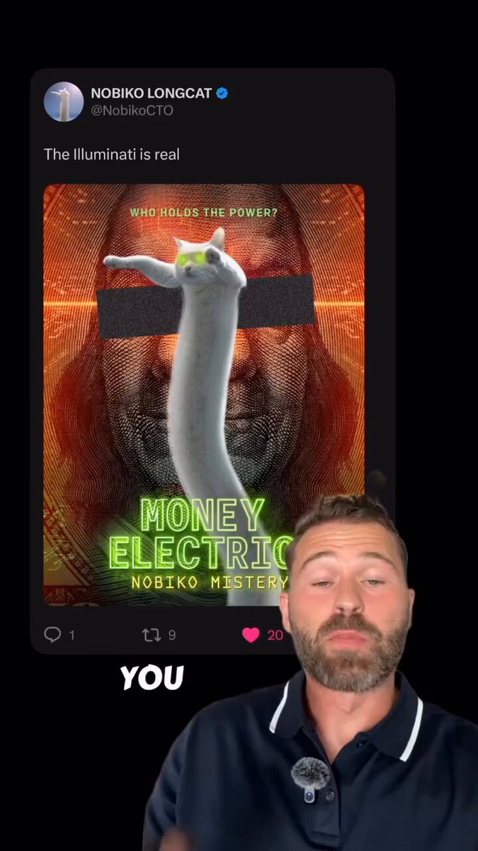 The image features a man with a beard wearing a blue shirt, who appears to be posing for a photo or participating in an online discussion about cat memes. The main focus of the image is a meme featuring a white cat with green eyes that has been reposted on social media and tagged with the hashtag #Catcoinsupercycle. This post includes a caption that reads "The most famous cat meme there is #NotAPaidAd".