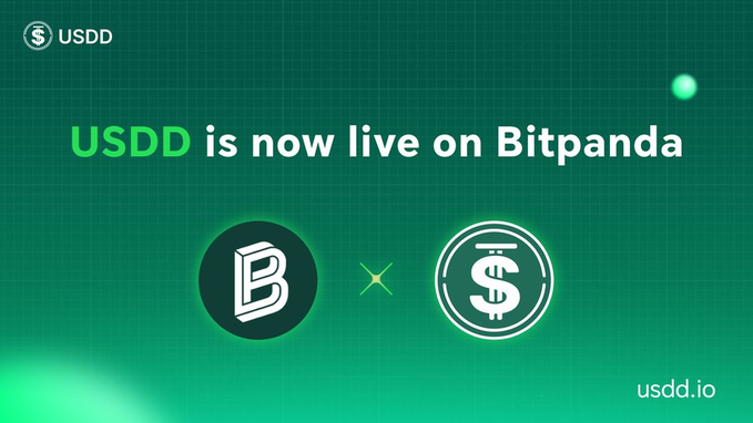 The image features a green background with white text that reads "USDD Global Ecosystem Map Expands Once Again. With USDD officially launching on Bitpanda, global users can now purchase and hold USDD more conveniently through various fiat channels". The main focus of the image is the green background which serves as the backdrop for the text.