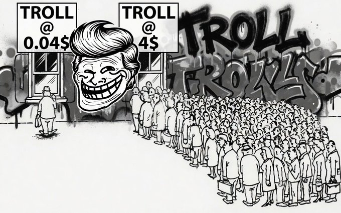 A black-and-white cartoon shows a figure with the classic Trollface meme inside a storefront labeled "TROLL @ 0.04$" next to "TROLL @ 4$", with a long queue of people waiting and "TROLL" graffiti in the background.