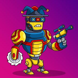 An illustration of a robot styled after jester clothing with a blue and red jester hat, yellow armor, and holding a circular saw blade and a pistol against a pink background.