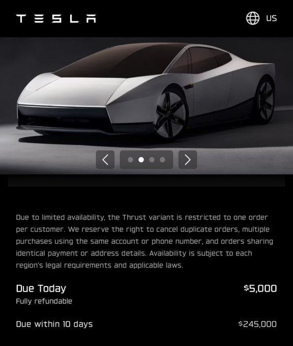 A Tesla webpage displays the new "Thrust" variant with a $5,000 deposit due today and an additional $245,000 payment due within 10 days. The image humorously contrasts the staggering $250,000 cost of the new Tesla model with the poster's intent to hold their $BNB tokens rather than spend on such an expensive vehicle.