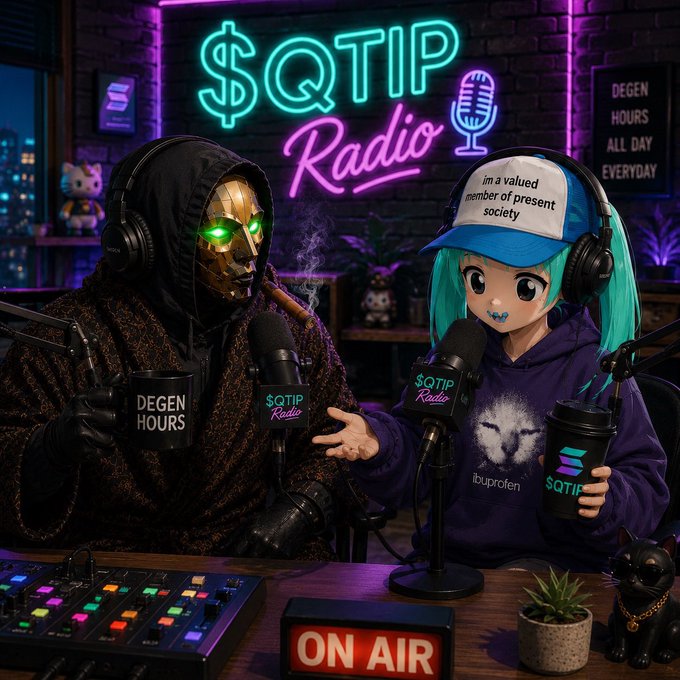 Two masked hosts—a hooded figure with glowing green cybernetic eyes and an anime-styled character with teal hair—broadcast from the neon-lit "$QTIP Radio" studio, both wearing headphones at branded microphones alongside mugs reading "DEGEN HOURS" and "QTIP Radio," with an "ON AIR" sign glowing below. The image visually matches the post's hype for the $QTIP show being live and ready.