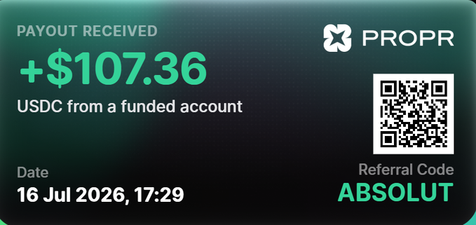 A PROPR payout notification showing +$107.36 USDC received from a funded account on 16 Jul 2026 at 17:29, with referral code 'ABSOLUT' and a QR code.