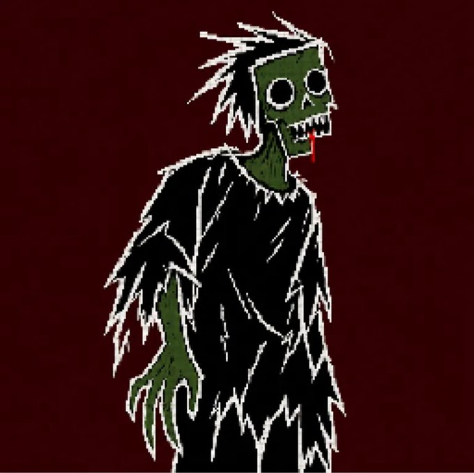 A dark, stylized illustration of a green-skinned zombie-like figure with hollow eyes and sharp teeth, wearing tattered black clothing against a deep red background.
