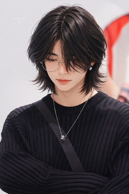 An illustrated portrait of a young man with shaggy black hair, glasses, a nose ring, and a silver necklace, wearing a black ribbed sweater