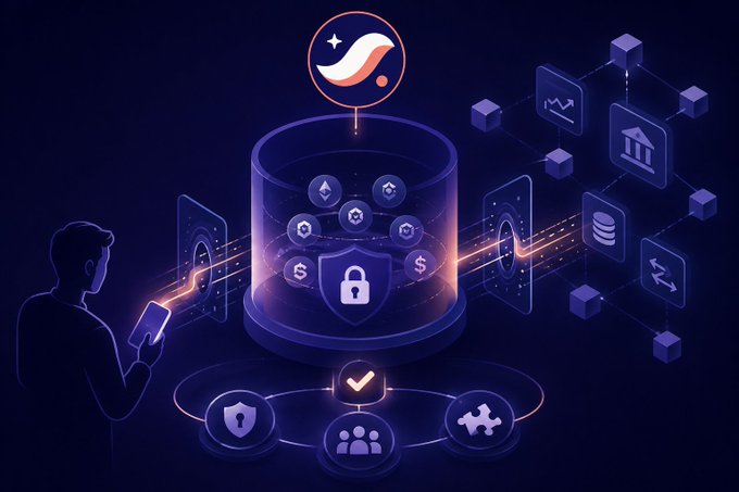 The image shows a man standing next to a large glass structure with various icons representing different aspects of blockchain technology, such as "Privacy", "Security", and "Transactions". The man appears to be using his cell phone while looking at the screen. The image also includes text that reads "Focus on what is in the image and how it relates to the post" and "STRK20 - a shared privacy pool for all ERC-20 assets".