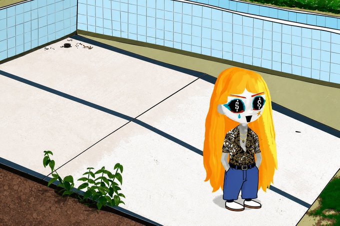 An animated cartoon depicting a girl with long blonde hair, wearing a leopard print shirt and blue pants, standing in an empty tiled swimming pool with water draining.