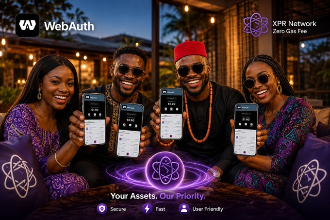 A promotional graphic for 'WebAuth' and 'XPR Network' (Zero Gas Fee) features four smiling people in traditional attire holding smartphones, with the tagline 'Your Assets. Our Priority' and icons for 'Secure', 'Fast', and 'User Friendly'.