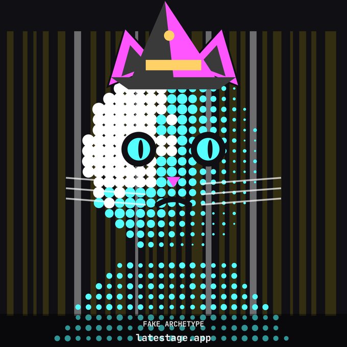 A pixel-art style image of a white and cyan cat wearing a pink and black crown, set against a striped background. The text 'FAKE ARCHETYPE' and 'latestage.app' appears at the bottom.