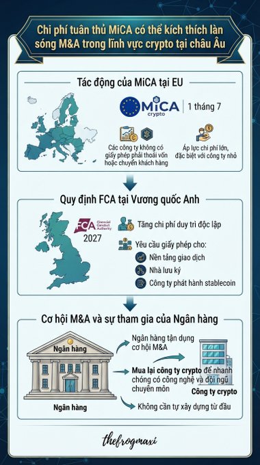 A Vietnamese infographic explaining how 'Chi phí tuân thủ MICA có thể kích thích làn sóng M&A trong lĩnh vực crypto tại châu Âu' (MiCA compliance costs could trigger a wave of M&A in the European crypto sector), dated July 1st.