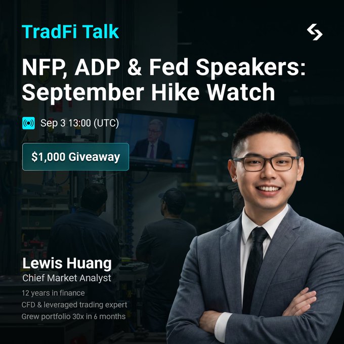 A promotional graphic for a "TradFi Talk" livestream featuring Lewis Huang, Chief Market Analyst, with text reading "NFP, ADP & Fed Speakers: September Hike Watch," scheduled for Sep 3 13:00 (UTC) and advertising a $1,000 giveaway. The image shows Lewis in a suit alongside background imagery of traders watching market news, supporting the post's theme of analyzing jobs data and Fed signals in a pivotal week for markets.