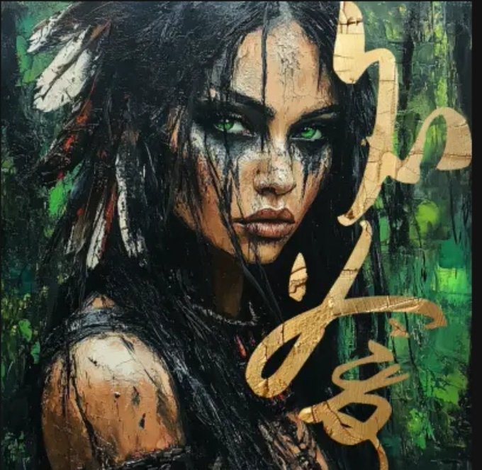 A stylized digital painting of a fierce woman with striking green eyes, dark hair, and feather adornments, set against a textured green background with golden tribal-style markings. The artwork reflects the post's theme of meaningful collector connections in web3, with its bold, mystical aesthetic matching the celebratory tone of welcoming a notable collector like @Finderfound to the $FAME collection.