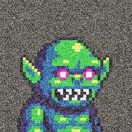 A grainy, colorful digital artwork depicting a green, blue, and purple alien-like creature with glowing pink eyes and sharp teeth against a noisy background.