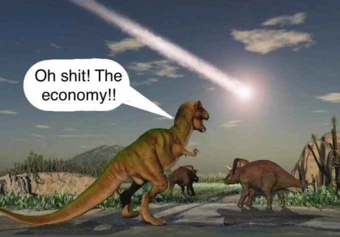 A meme showing dinosaurs in a prehistoric landscape with a meteorite streaking across the sky; the T-Rex has a speech bubble saying 'Oh shit! The economy!!'