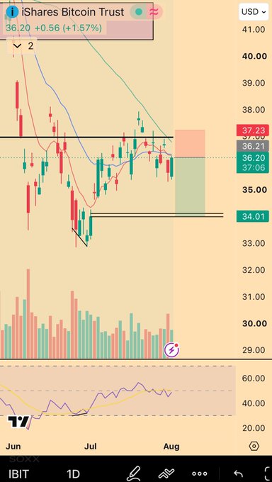 The image shows a daily chart of iShares Bitcoin Trust (IBIT) trading around $36.20, with an August 21 expiration highlighted via a shaded zone between $34.01 support and $37.23 resistance, where the trader apparently placed put positions expecting downside movement that ultimately didn't fully materialize.