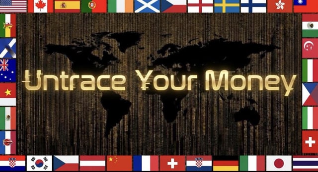 The image features a banner with the text " Untrace Your Money" written above it, along with an illustration of a world map behind it. The map displays various countries' flags, including those from the United States, China, Germany, and many others. The background color is black, which contrasts with the white text on the banner. The image also includes a small logo in the bottom right corner that reads "Blackcoin.money @solana".