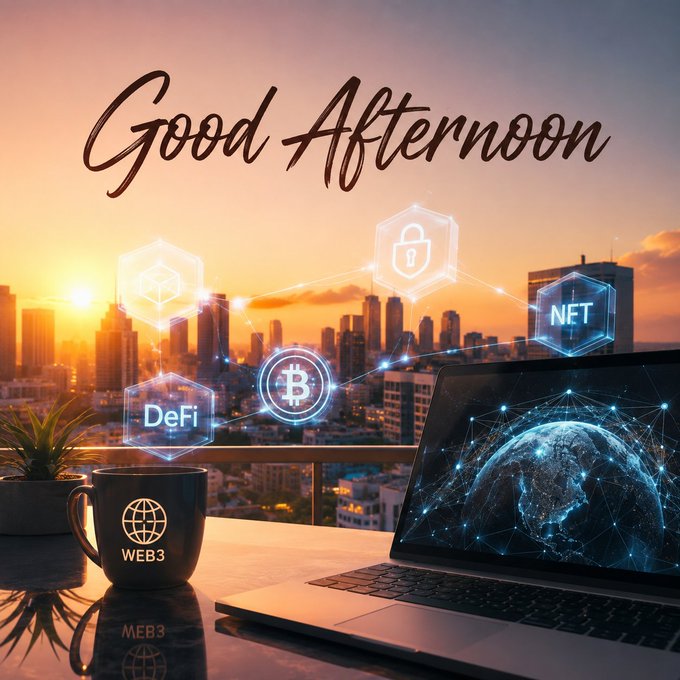 A "Good Afternoon" greeting graphic featuring a sunset cityscape, a laptop showing a digital globe, and floating icons for cryptocurrency, DeFi, and NET.