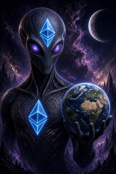 The image features a shadowy, ethereal alien-like figure with glowing purple eyes and two bright blue Ethereum logos prominently displayed—one on its forehead and another on its chest—holding the planet Earth in its outstretched hand against a cosmic backdrop. The caption reinforces the post's message by depicting Ethereum as a powerful, otherworldly force poised to surpass anything humanity has known, suggesting its scale and influence will be as vast as the universe itself.

Suggested caption: Ethereum, an otherworldly force larger than life itself.