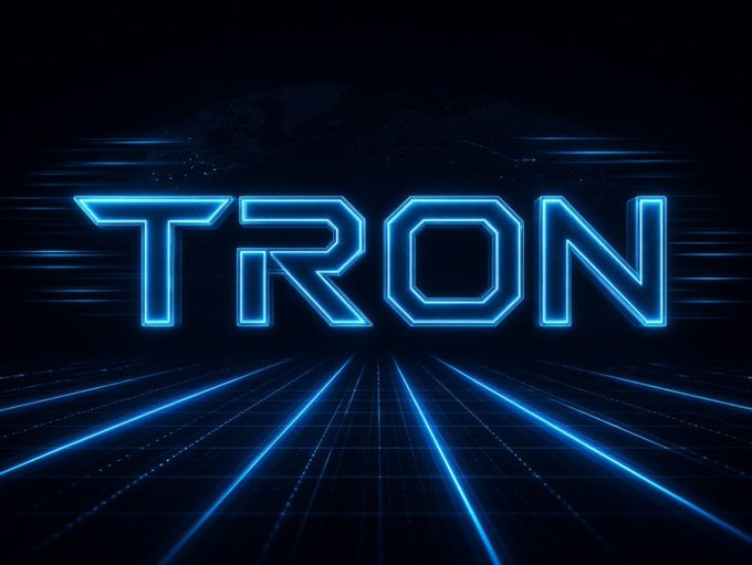 The image features the word "TRON" in glowing neon blue lettering set against a dark background with perspective grid lines radiating outward, evoking a futuristic, digital aesthetic. The caption could read: "The neon 'TRON' logo glows in blue against a digital grid, symbolizing the blockchain network's role in enabling fast, seamless global money transfers as highlighted in the post."