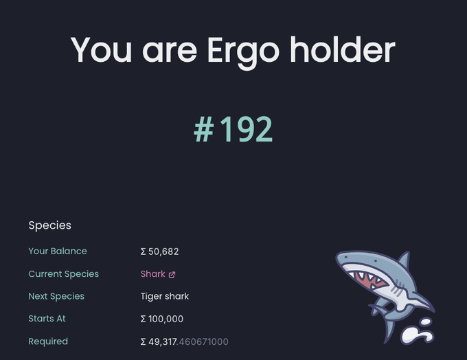 A dark-themed screen showing 'You are Ergo holder #192' with a balance of 50,682, indicating the current species is Shark and the next is Tiger shark at 100,000.