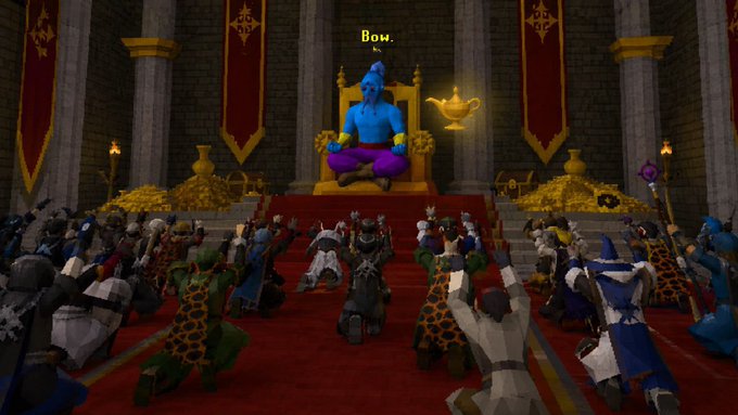 A screenshot from the video game RuneScape showing a blue genie character sitting on a golden throne with a 'Bow.' command above, surrounded by various player characters kneeling in a throne room with red carpeting and banners.