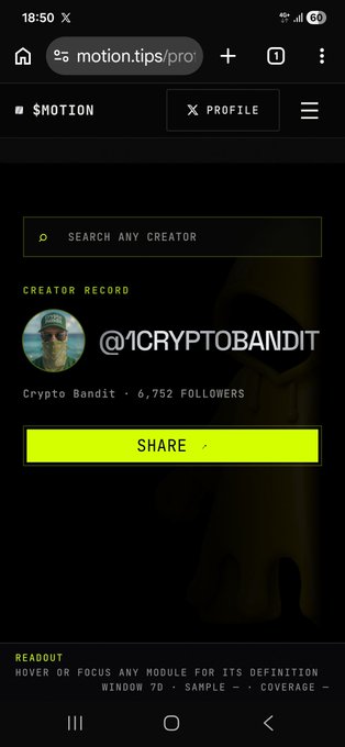 A mobile screenshot of motion.tips showing the profile of creator '@1CRYPTOBANDIT' (Crypto Bandit) with 6,752 followers, featuring a green 'SHARE' button.