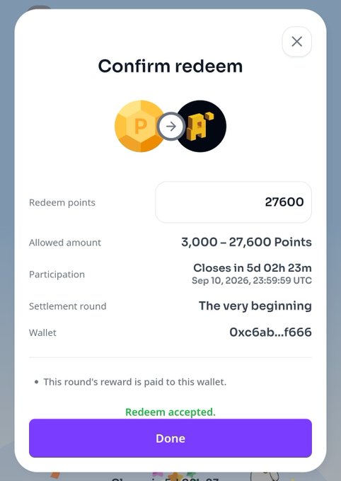 A confirmation popup titled "Confirm redeem" shows a successful 27,600-point redemption from Alphea Network to wallet 0xc6ab...f666, with the green text "Redeem accepted" confirming the transaction before the participation window closes in 5 days.