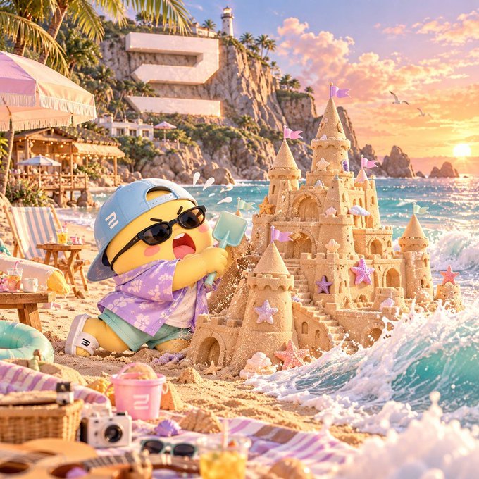 A whimsical illustration of a cartoon character in a blue cap, sunglasses, and purple shirt building an elaborate sandcastle with starfish decorations on a beach at sunset.