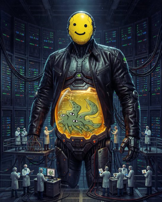 A surreal digital artwork of a tall figure in a leather jacket with a yellow smiley face head and a transparent torso containing a multi-eyed green octopus-like creature, surrounded by small scientists in lab coats working at computer stations in a server room.