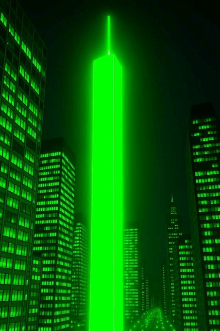 A towering skyscraper illuminated in vivid neon green dominates a city skyline, with surrounding buildings glowing in matching emerald hues against the dark night.

The image's futuristic, green-drenched aesthetic evokes a "matrix-like" crypto vibe, symbolizing a hidden gem or breakout altcoin in the low-cap memecoin space being sought in the post.
