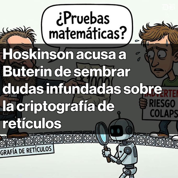 Spanish cartoon with text '¿Pruebas matemáticas?' and headline 'Hoskinson acusa a Buterin de sembrar dudas infundadas sobre la criptografía de retículos' showing a robot examining a sign about reticular cryptography.