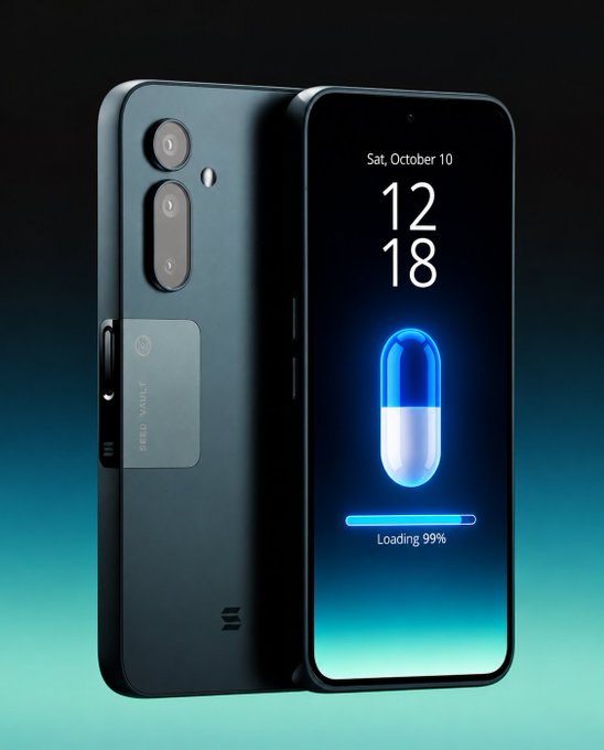 A dark teal smartphone displays a lock screen showing 'Sat, October 10', time '12:18', and a blue pill-shaped loading animation at 'Loading 99%', with 'FEED VAULT' branding visible on the back of the device.