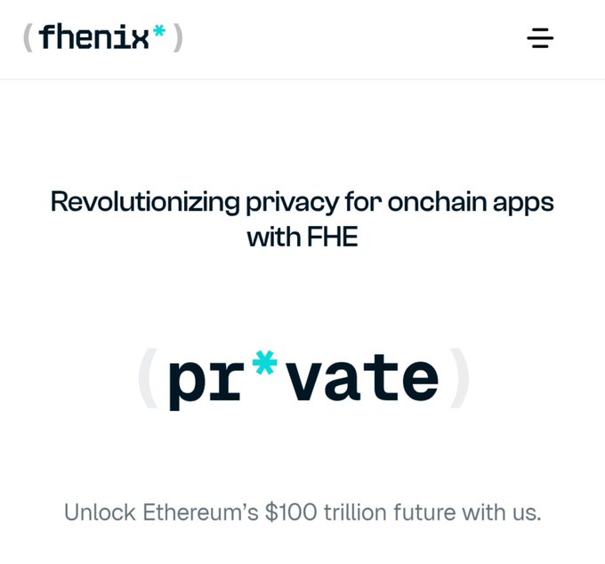 The Fhenix website homepage stating 'Revolutionizing privacy for onchain apps with FHE' and featuring a stylized '(pr*vate)' logo, with the tagline 'Unlock Ethereum's $100 trillion future with us.'