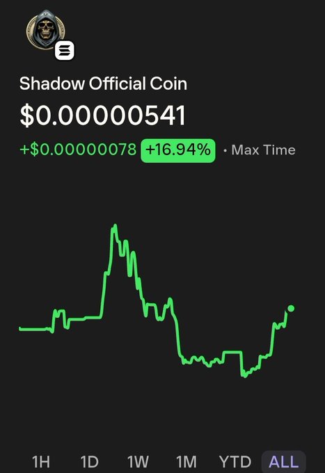 A cryptocurrency price chart for 'Shadow Official Coin' shows a current price of $0.00000541, up +$0.00000078 (+16.94%) over Max Time, with an 'ALL' timeframe selected.