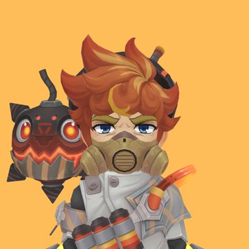 An anime-style chibi character with orange hair, green eyes, and a gas mask is accompanied by a small floating black robot with glowing red eyes on a solid orange background.