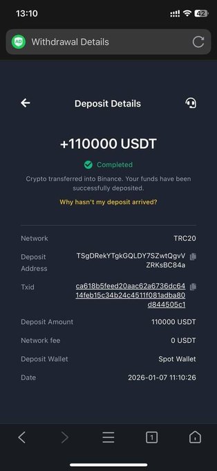 The image shows a Binance deposit confirmation of +110000 USDT completed via TRC20 network on January 7, 2026, likely used as proof of funds to promote a $2500 giveaway by @0xtrinityguy. The large deposit serves as evidence of the account holder's financial capacity to fulfill the promised giveaway.