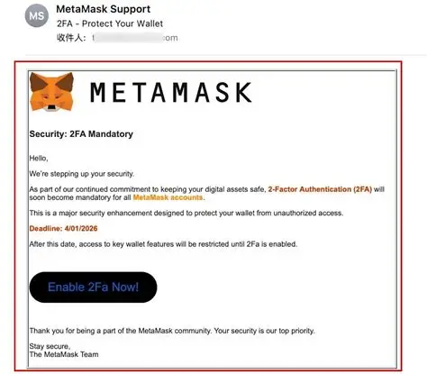 An email from MetaMask Support titled '2FA - Protect Your Wallet' announcing that 2-Factor Authentication will become mandatory for all MetaMask accounts by April 1, 2026, with an 'Enable 2FA Now!' button.