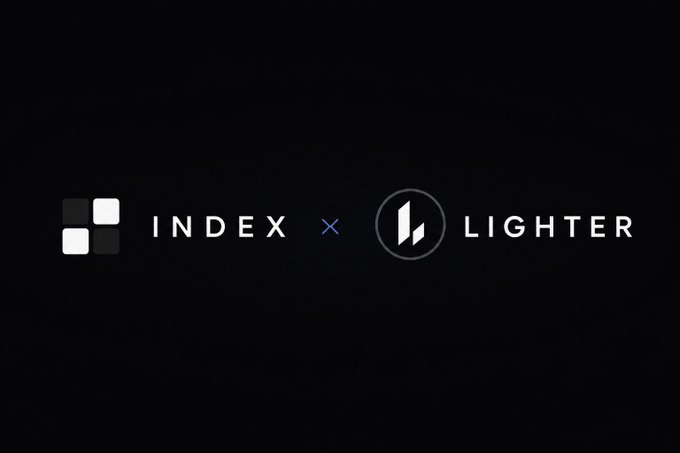 A dark promotional graphic displays the logos of "INDEX" and "LIGHTER" side by side, separated by an "×" symbol, with INDEX represented by four colored squares and LIGHTER by a stylized "L" in a circle. The image visually reinforces the post's announcement of a partnership between the two platforms, highlighting LIGHTER's role as the underlying infrastructure for INDEX's terminal.