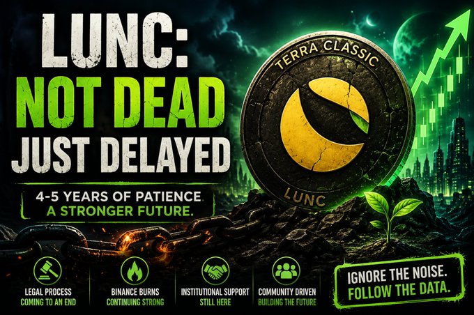 A promotional graphic for Terra Classic (LUNC) cryptocurrency, featuring a cracked coin logo and text declaring 'LUNC: NOT DEAD JUST DELAYED' with a 'TERRA CLASSIC' coin and bullish green arrows.